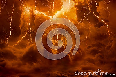 Hell realm, bright lightnings in apocalyptic sky, judgement day, end of world, eternal damnation Stock Photo