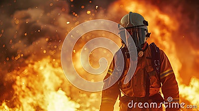 Dramatic scene of brave firefighter in full gear exploring the huge fire zone Stock Photo
