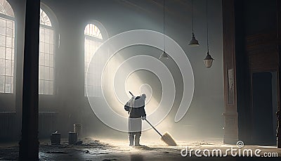 Dramatic scene of a lonely elderly man cleaning an old, dusty, empty room with sunlight streaming in through the window Stock Photo