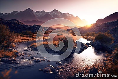 Dramatic scenic view sunset behind big mountains by the lake. Cartoon Illustration