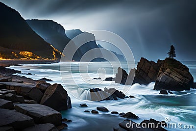 A dramatic seascape with crashing waves, jagged cliffs, and a stormy sky illuminated by lightning Stock Photo