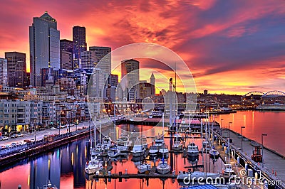 Dramatic Seattle skyline at dawn Stock Photo