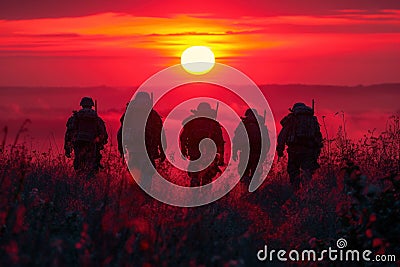 Dramatic silhouettes of soldiers on a mission against the backdrop of a setting sun Stock Photo