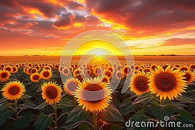 Dramatic skies over sunflower field at sunset, worlds natural beauty Stock Photo