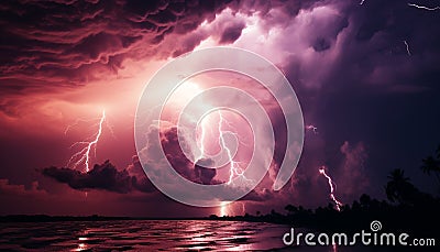 Dramatic sky, dark horizon, bright flash, vibrant color, wet outdoors generated by AI Stock Photo
