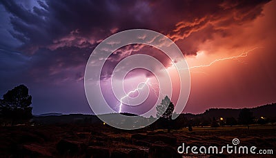 Dramatic sky, dark horizon, bright sunset, majestic mountain silhouette generated by AI Stock Photo