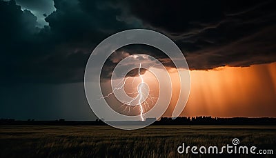 Dramatic sky, dark horizon, flash of electricity, danger in nature generated by AI Stock Photo