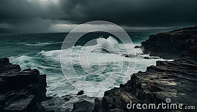 Dramatic sky, rough surf, crashing waves at dusk generated by AI Stock Photo