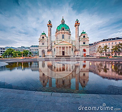 Dramatic spring view of baroque church Karlskirche St. Charles`s Church Stock Photo