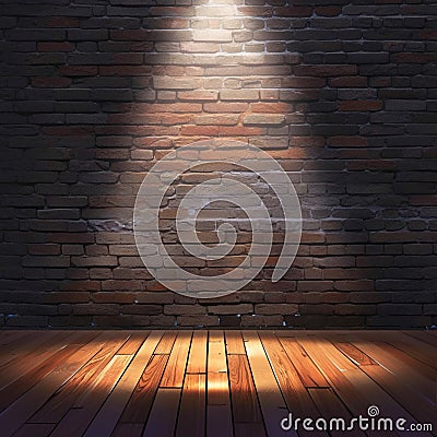 Dramatic stage lighting against brick wall and wooden floor backdrop Stock Photo