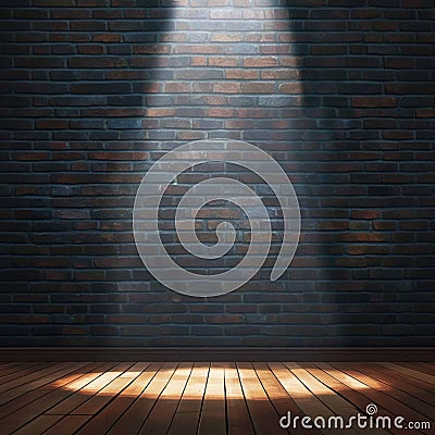 Dramatic stage lighting against brick wall and wooden floor backdrop Stock Photo