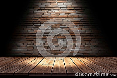 Dramatic stage lighting against brick wall and wooden floor backdrop Stock Photo