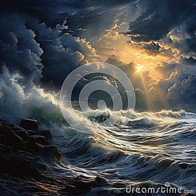 Dramatic Stormy Ocean Meeting Turbulent Sky Stock Photo