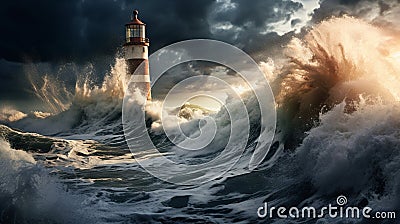 A dramatic and stormy seascape, with crashing waves, a lighthouse standing tall against the tempest Stock Photo