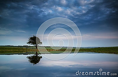 Dramatic stormy sky reflected in dew pond countryside landscape Stock Photo
