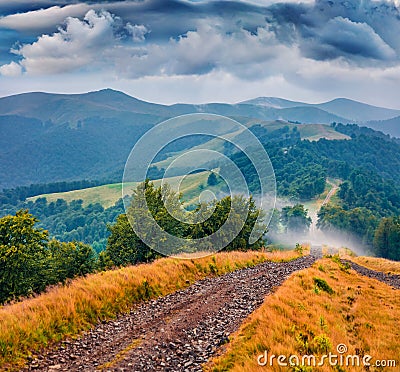 Dramatic summer scenery. Foggy summer scene of Krasna range with old country road. Stock Photo