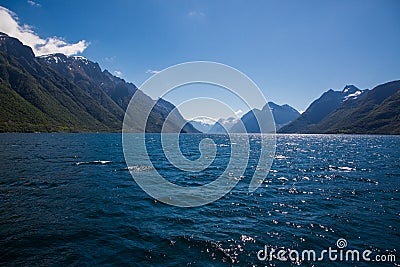 Dramatic sunny and beauty landscape at Hjorundfjord, Norway Stock Photo