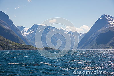Dramatic sunny and beauty landscape at Hjorundfjord, Norway Stock Photo