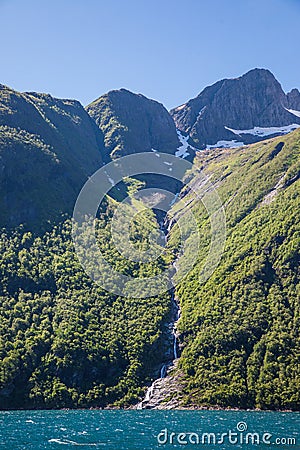 Dramatic sunny and beauty landscape at Hjorundfjord, Norway Stock Photo