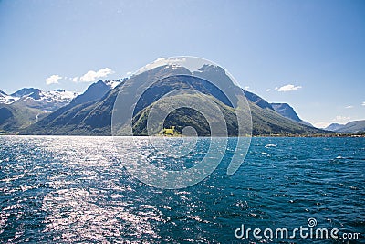 Dramatic sunny and beauty landscape at Hjorundfjord, Norway Stock Photo