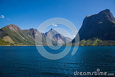 Dramatic sunny and beauty landscape at Hjorundfjord, Norway Stock Photo