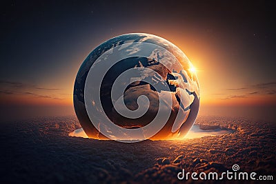 a dramatic sunrise over a globe, with the sun rising from behind the earth and illuminating the entire surface Stock Photo