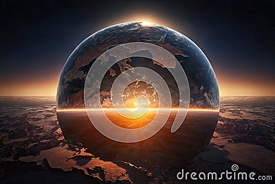 a dramatic sunrise over a globe, with the sun rising from behind the earth and illuminating the entire surface Stock Photo