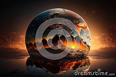 a dramatic sunrise over a globe, with the sun rising from behind the earth and illuminating the entire surface Stock Photo