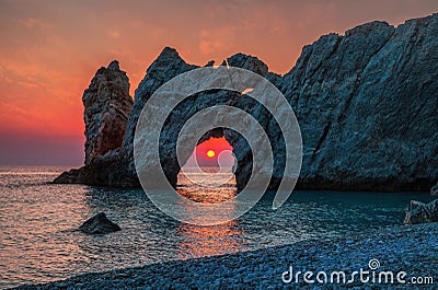 Dramatic sunrise in Skiathos, Lalaria in greece Stock Photo