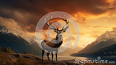 Dramatic sunset with beautiful sky over mountain range giving a strong moody landscape and red deer stag looking strong and proud Stock Photo