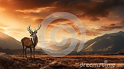 Dramatic sunset with beautiful sky over mountain range giving a strong moody landscape and red deer stag looking strong and proud Stock Photo