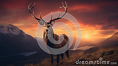 Dramatic sunset with beautiful sky over mountain range giving a strong moody landscape and red deer stag looking strong and proud Stock Photo