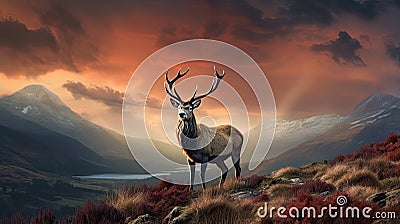 Dramatic sunset with beautiful sky over mountain range giving a strong moody landscape and red deer stag looking strong and proud Stock Photo