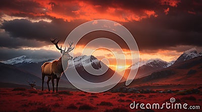 Dramatic sunset with beautiful sky over mountain range giving a strong moody landscape and red deer stag looking strong and proud Stock Photo