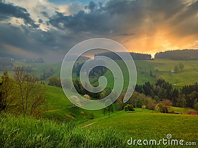 Dramatic sunset in the black forest. Germany. Stock Photo
