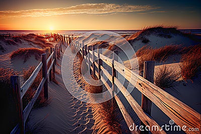 Dramatic Sunset At the Ocean Shoreline with Wood Walkway and Sand Dunes - Generative AI Stock Photo