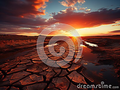 Dramatic sunset over cracked earth Stock Photo