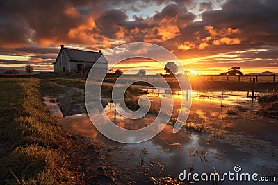 dramatic sunset over flood-affected farmland Stock Photo