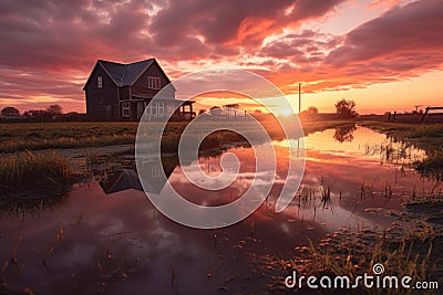 dramatic sunset over flood-affected farmland Stock Photo