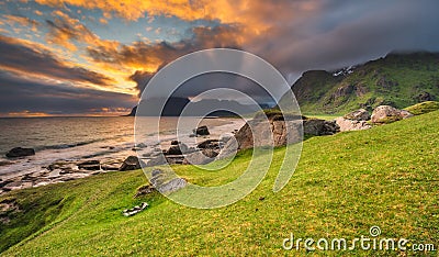 Dramatic sunset over Uttakleiv beach on Lofoten islands, Norway Stock Photo