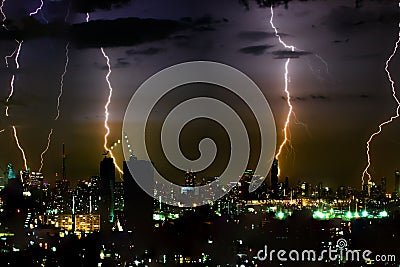 Dramatic thunder storm lightning bolt on the horizontal sky and city scape Stock Photo