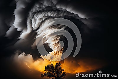 Dramatic Tornado Devastating Villages Amidst the Vast Plain Under Stormy Sky Stock Photo