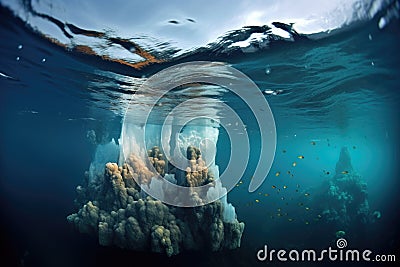 dramatic underwater view of iceberg with bubbles Stock Photo