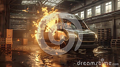 Intense action scene with a van caught in an explosion inside a warehouse. vivid flames and dramatic lighting enhance Stock Photo