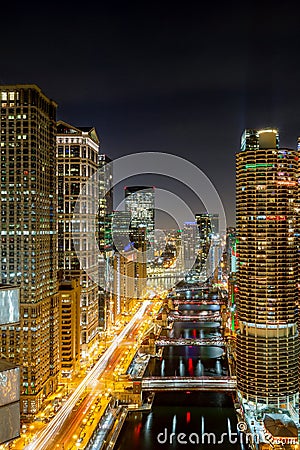 Chicago at Night - Wacker Drive Stock Photo