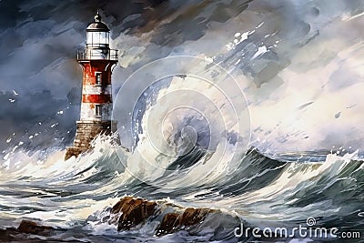 dramatic watercolor landscape storm on the sea, huge waves, lighthouse, rocks Stock Photo