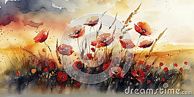 Dramatic Watercolor Painting of a Field of Poppies in Full Bloom for Wall Art. Stock Photo