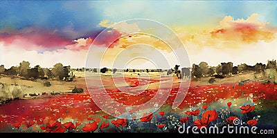 Dramatic Watercolor Painting of Poppies in Full Bloom. Perfect for Invitations and Posters. Stock Photo
