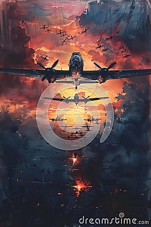 Dramatic watercolor of warplanes in formation at dusk, with fiery skies, evoking WWII. Stock Photo