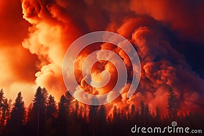 Dramatic wildfire, huge clouds of heavy smoke in fiery red sky over burning forest. Generative AI illustration Cartoon Illustration